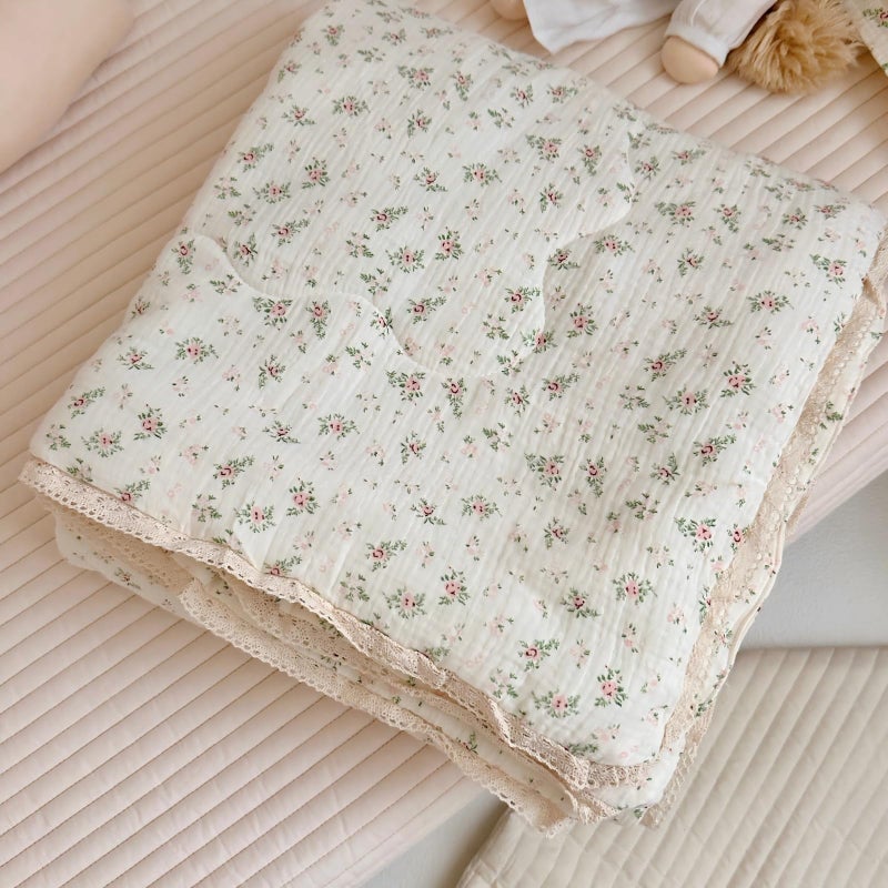 BuLuTu Muslin Cotton Kids Comforter with Lace Edge Chic Shabby Floral Print Toddler Quilts Soft Lightweight Baby Crib Quilted Blanket Pomegranate Pattern 47x59 All Seasons - Image 2