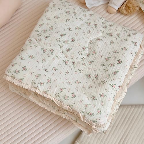 BuLuTu Muslin Cotton Kids Comforter with Lace Edge Chic Shabby Floral Print Toddler Quilts Soft Lightweight Baby Crib Quilted Blanket Pomegranate Pattern 47x59 All Seasons - Image 1