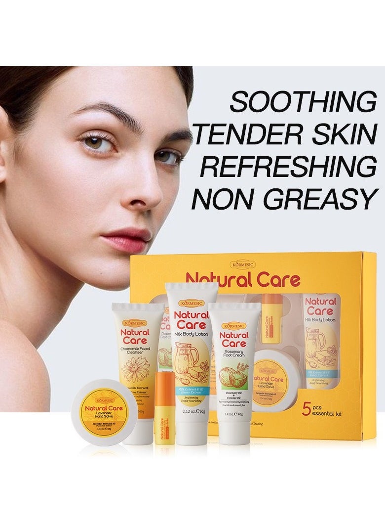 Kormesic Rosemary Foot Cream 40g + Chamomile Cleanser 40g + Milk Body Lotion 60g + Beeswax Lip Balm 4g + Lavender Hand Cream 38g  - Image 1