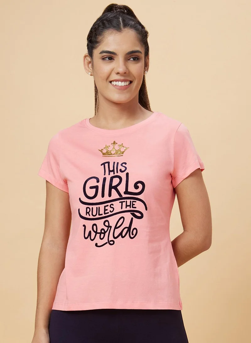 globus Globus Women Pink Typography Round Neck Pure Cotton T-Shirt