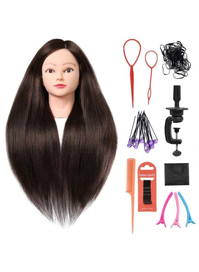 SILKY SILKY 26"-28" Long Hair Mannequin Head with 60% Real Hair, Hairdresser Practice Training Head Cosmetology Manikin Doll Head with 9 Tools and Clamp - #4 Brown, Makeup On - Image 1