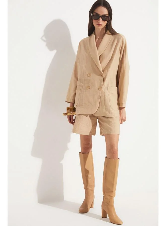 JUNE June Women Pocket Detailed Unlined Double Breasted Woven Blazer Jacket Tan