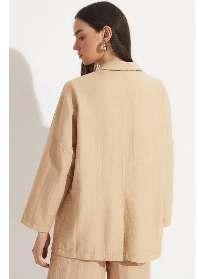 JUNE June Women Pocket Detailed Unlined Double Breasted Woven Blazer Jacket Tan