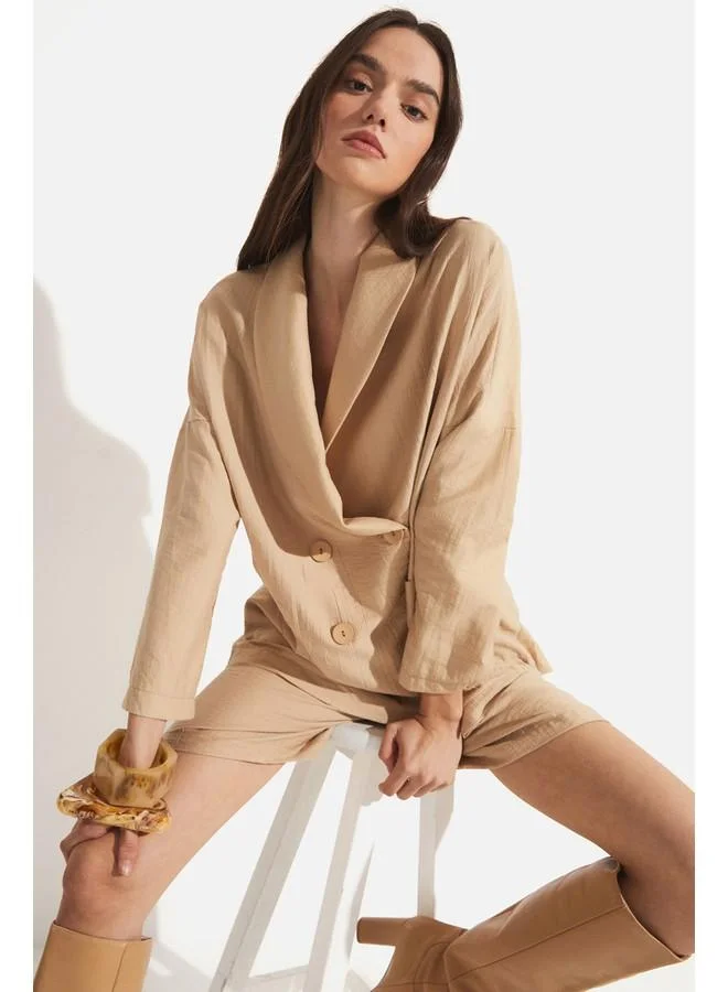JUNE June Women Pocket Detailed Unlined Double Breasted Woven Blazer Jacket Tan