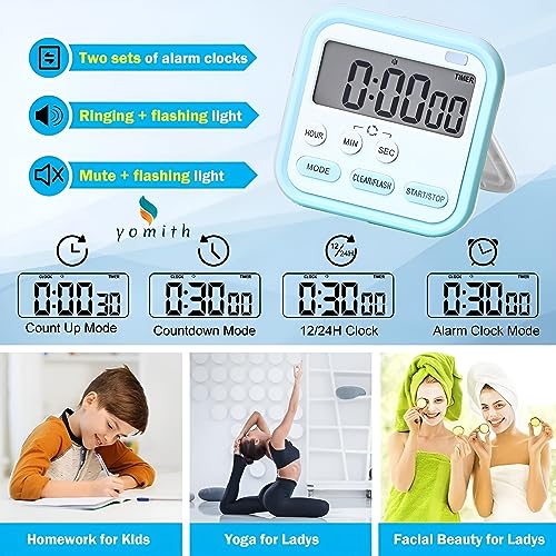 YOMITH Digital Magnetic Timer Count-Down & Stopwatch, with Large LCD Display and Loud Alarm, Flashing Light, Back Stand, Hanging Hole for Cooking, School, Sport, Study, Game (Pack of 1, Blue) - Image 4