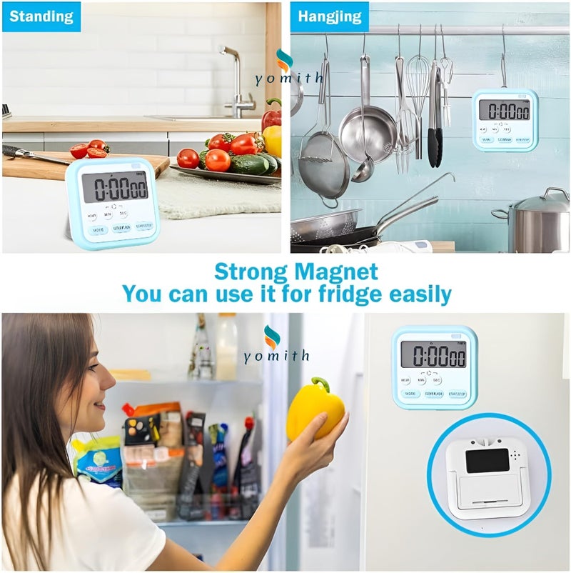 YOMITH Digital Magnetic Timer Count-Down & Stopwatch, with Large LCD Display and Loud Alarm, Flashing Light, Back Stand, Hanging Hole for Cooking, School, Sport, Study, Game (Pack of 1, Blue) - Image 2