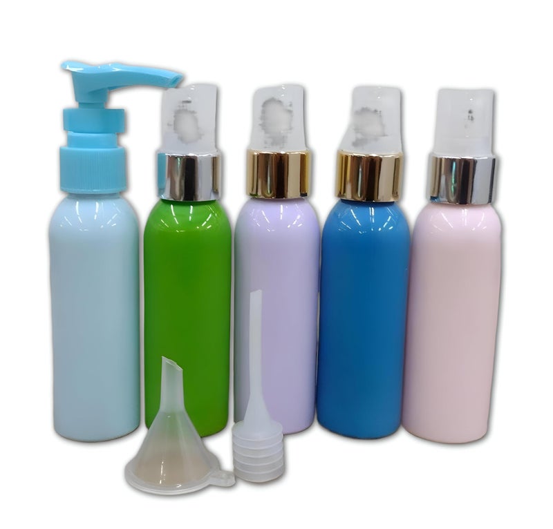 Makeup and shower kit-5 bottles with leak-resistant lids with pump and guide for travel use for shampoo and cream - Image 1
