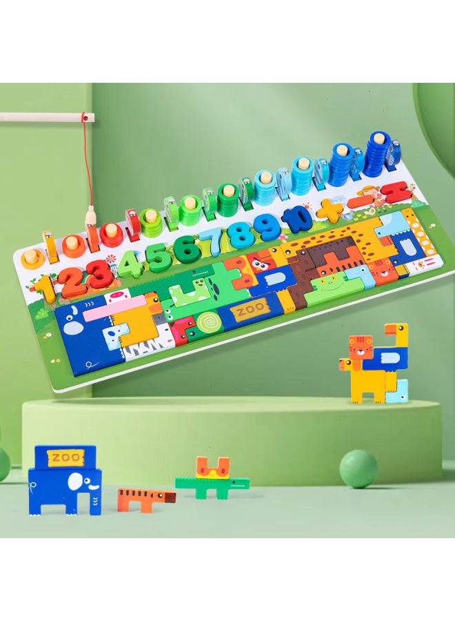 Wooden Animal Russian Puzzle Magnetic Fishing Logarithmic Board Children's Puzzle Digital Cognitive Matching Toy-Color:Animal Russian Puzzle Logarithmic Board - Image 2