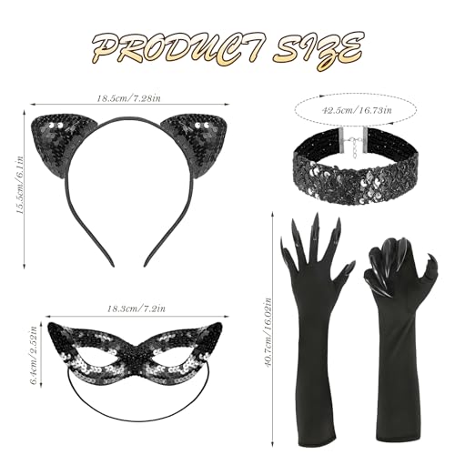 Hifot Cat Costume Accessories for Women with Cat Ears Headband, Black Mask Gloves and Necklace for Carnival Halloween Party - Image 2
