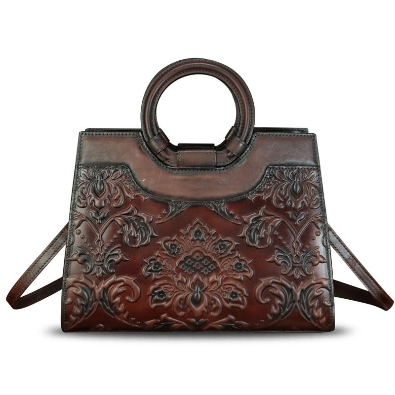 IVTG Genuine Leather Purses and Handbags for Women Vintage Embossed Leather Crossbody Shoulder Bag Satchel Top Handle Bags (Coffee) - Image 2