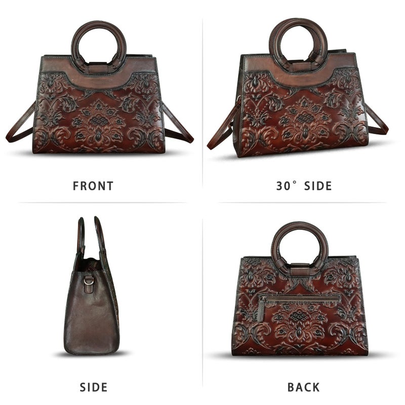 IVTG Genuine Leather Purses and Handbags for Women Vintage Embossed Leather Crossbody Shoulder Bag Satchel Top Handle Bags (Coffee) - Image 4