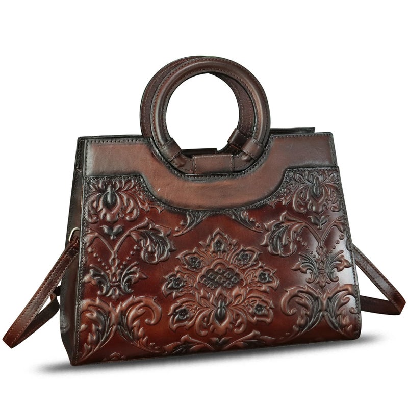 IVTG Genuine Leather Purses and Handbags for Women Vintage Embossed Leather Crossbody Shoulder Bag Satchel Top Handle Bags (Coffee) - Image 1