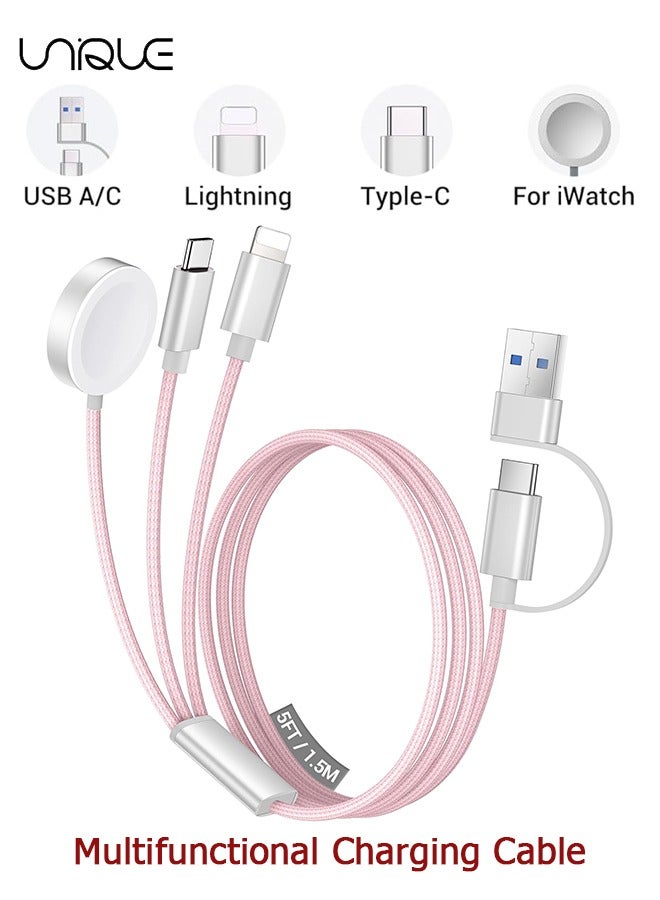 Unique 1.5 Meters Charging Cable - Upgraded 3 in 2 USB C Braided Charging Cables - Travel Fast Charging Cables with USB C/Lightning Ports - Watch Charging Cable - Multifunctional Charging Cable - for iPhone 16 Series/Samsung/MacBook/Google/Android/Laptop Phone Charger Cable (Pink) - Image 1