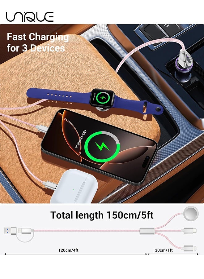 Unique 1.5 Meters Charging Cable - Upgraded 3 in 2 USB C Braided Charging Cables - Travel Fast Charging Cables with USB C/Lightning Ports - Watch Charging Cable - Multifunctional Charging Cable - for iPhone 16 Series/Samsung/MacBook/Google/Android/Laptop Phone Charger Cable (Pink) - Image 3