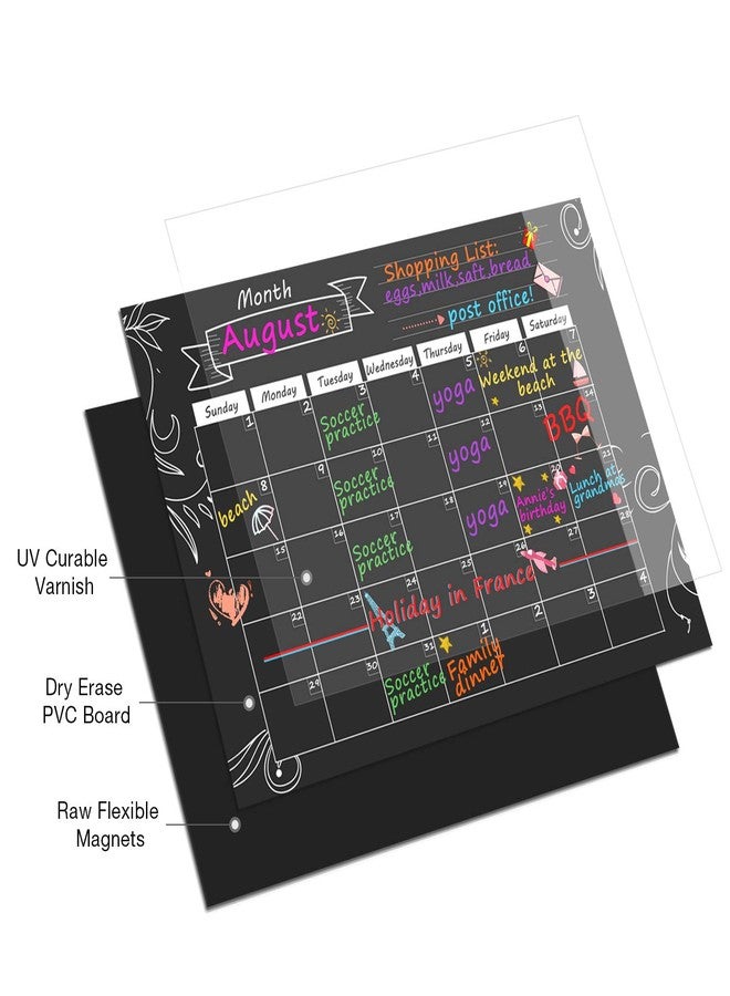 MoKo Magnetic Calendar for Kitchen Refrigerator, 16.73"x12" Dry Erase Monthly Calendar Planner and Grocery Shopping List with 8 Chalk Markers - Black - Image 3