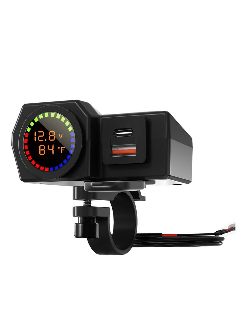 Excefore Motorcycle Phone Charger, Motorcycle Waterproof 3 in 1 USB Charger, With Voltmeter and Thermometer, Fast Charge QC 3.0/2.0 and PD, 12V for Motorcycle ATV UTV (7/8inch Handlebar)  - Image 1