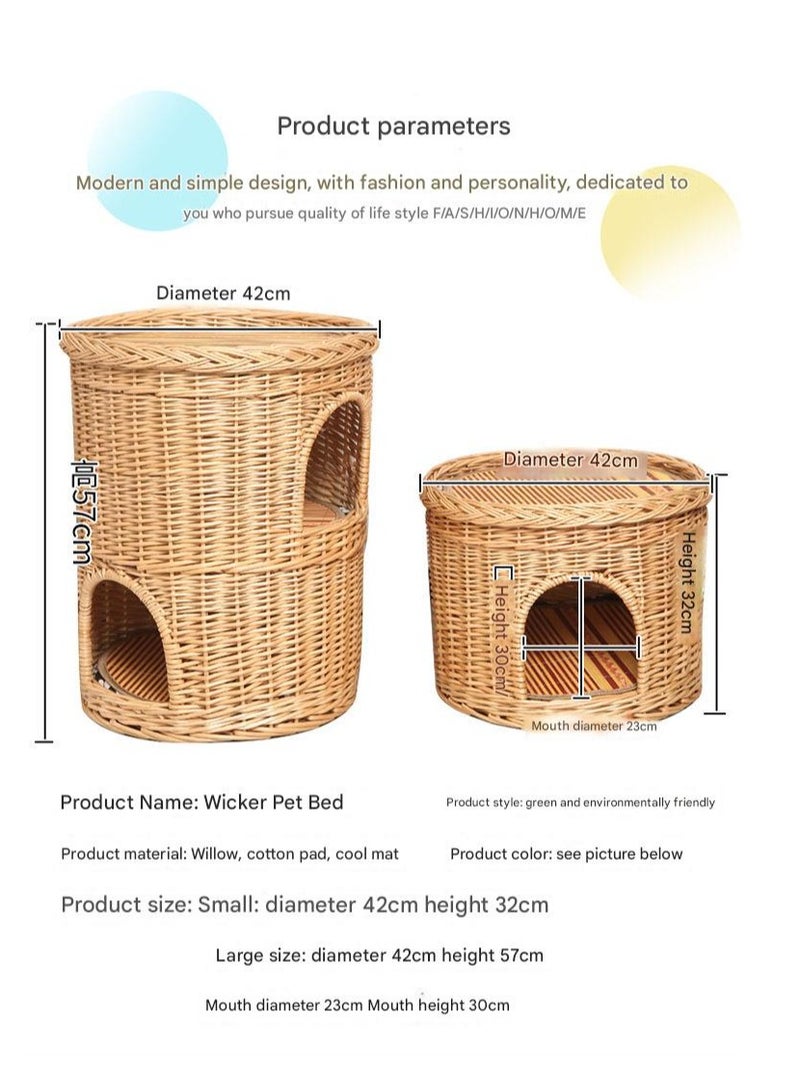 A.M Willow Knitting House, Double Layer, Dog Cat Basket, Pet Bed, Rattan, For Pets, Natural Material, Workmanship, Cat, Indoor, Easy to Washable, Cool, Non-Toxic, Cat Claw Sharpener, Summer, Chew Resistant, Long Lasting, Wicker Knitted, Hand Knitted, Cool, Breathable, Sleeper, Year-Round Use - Image 2