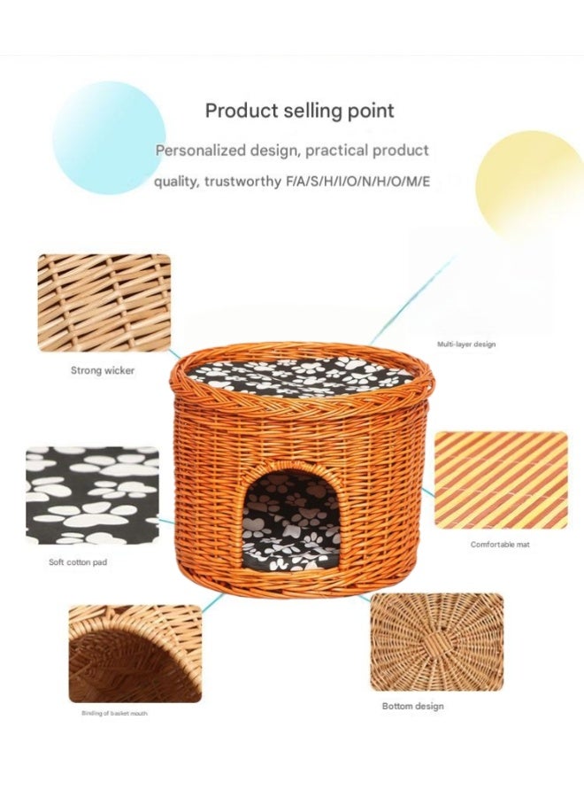 A.M Willow Knitting House, Double Layer, Dog Cat Basket, Pet Bed, Rattan, For Pets, Natural Material, Workmanship, Cat, Indoor, Easy to Washable, Cool, Non-Toxic, Cat Claw Sharpener, Summer, Chew Resistant, Long Lasting, Wicker Knitted, Hand Knitted, Cool, Breathable, Sleeper, Year-Round Use - Image 3