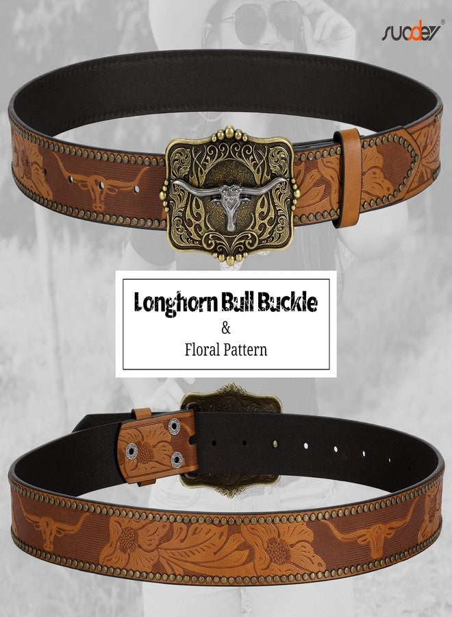 سوزدي حزام جلدي غربي نسائي من SUOSDEY، حزام رعاة البقر مناسب للجينز والسراويل، حزام بني اللون بإبزيم كبير على شكل ثور ذي قرون طويلة - Image 5