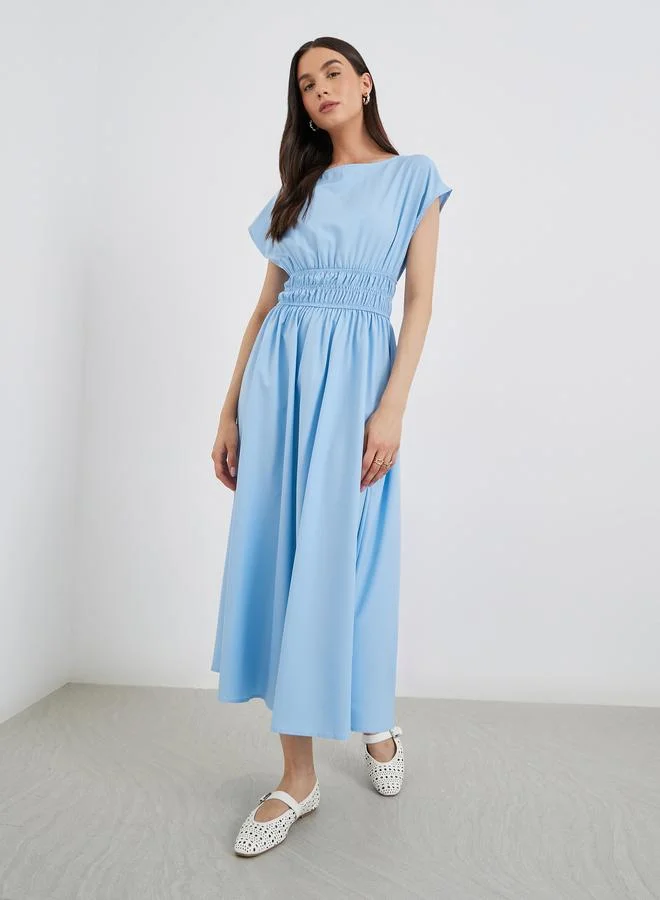 Take Two Take Two Women Blue Solid Smocking Waist Midi Dress