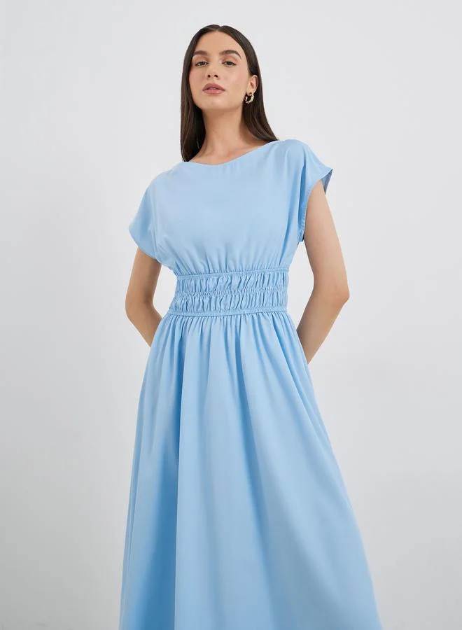 Take Two Take Two Women Blue Solid Smocking Waist Midi Dress