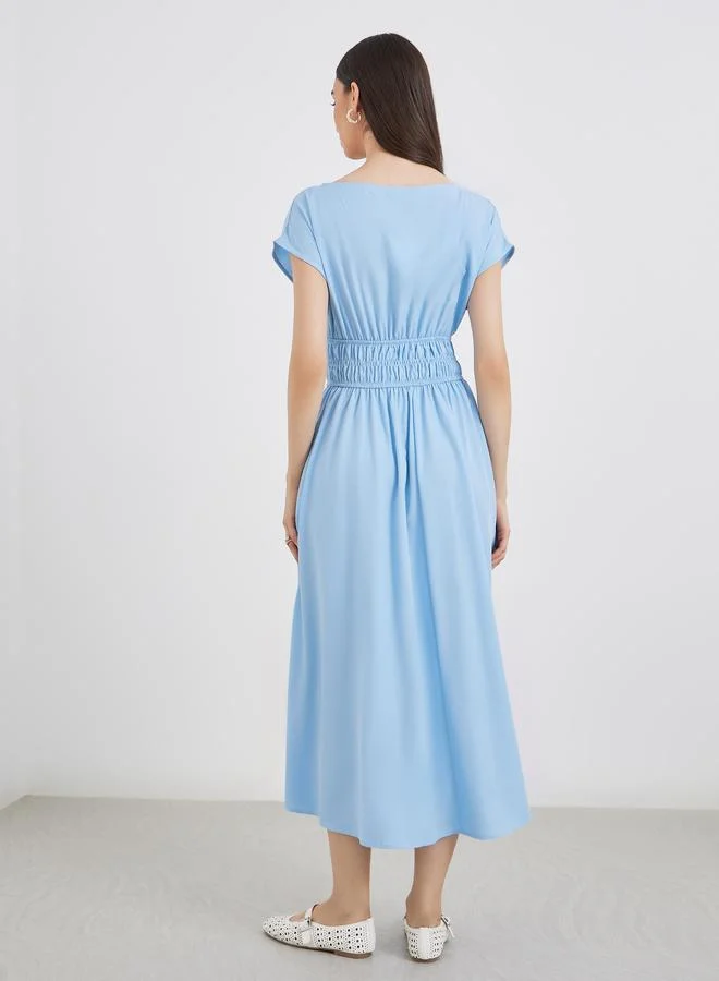 Take Two Take Two Women Blue Solid Smocking Waist Midi Dress