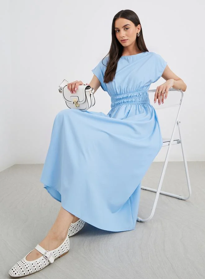 Take Two Take Two Women Blue Solid Smocking Waist Midi Dress