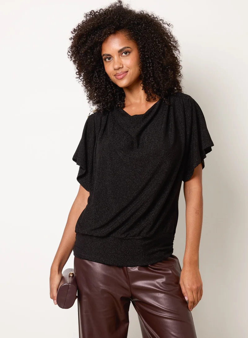 بلو فانيلا Button Detail Draped Cowl Neck Top