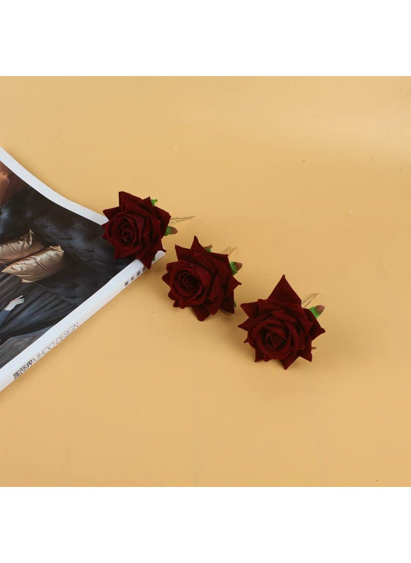 YALLNASL Rose Hair Clip Flowers Bobby Pins for Women Rose Flower Hairpin Hair Clips for Women Girls Burgundy Hair Accessories for Wedding Rose Clips for Brides Flower Hair Barrette 