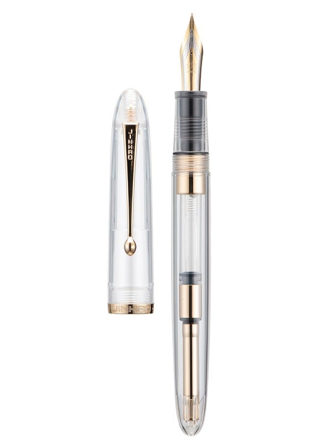 Wikult Jinhao 9019 DaDao Series Fountain Pen, Size 8 Fine Nib with Refillable Large Ink Converter, Transparent Clear Acrylic Design Smooth Writing Pen (Gold Trim) - Image 1