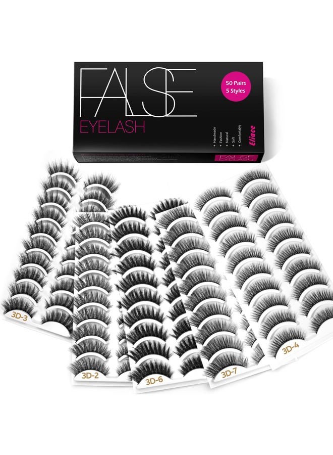 Eliace Eyelashes, (50 Pairs,5 Styles) Faux Mink Lashes Natural Look Wispy Fluffy Handmade Cat Eye False Lash Pack, False Eyelashes Set, Fake Lashes Strips, Gifts for her, Makeup Fake Eyelashes Pack - Image 1