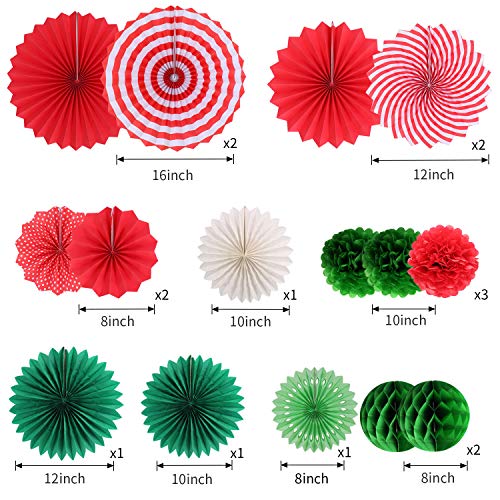 Zilue Hanging Party Decorations Set Tissue Paper Fan Paper Pom Poms Flowers and Honeycomb Ball for Christmas Wedding Engagement Graduation Party Decor Green Red Kit - Image 2