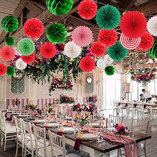 Zilue Hanging Party Decorations Set Tissue Paper Fan Paper Pom Poms Flowers and Honeycomb Ball for Christmas Wedding Engagement Graduation Party Decor Green Red Kit - Image 3