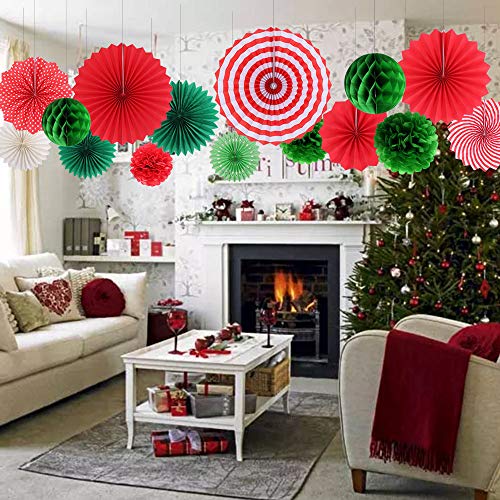 Zilue Hanging Party Decorations Set Tissue Paper Fan Paper Pom Poms Flowers and Honeycomb Ball for Christmas Wedding Engagement Graduation Party Decor Green Red Kit - Image 5