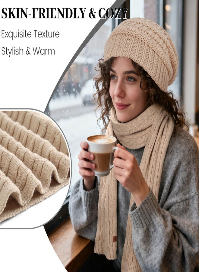 Ultrafun Womens Winter Beanie Hat Scarf Gloves Set, Satin Lined Slouchy Beanie Knit Scarf Touchscreen Gloves, Warm 3 Gift Set, Beige, 10.2* 70.9 inches - Image 5