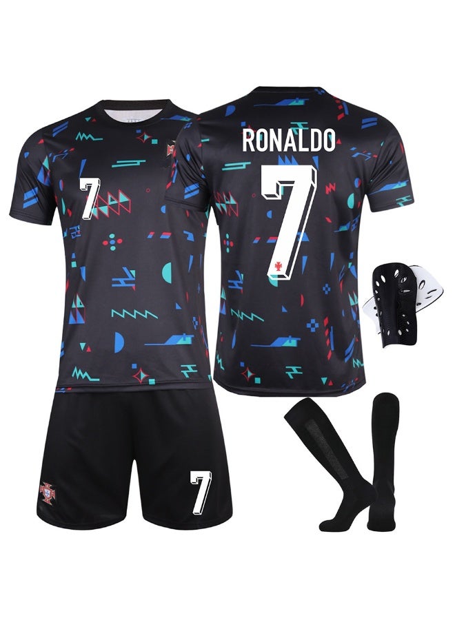 2024-2025 black training football suit #7 Cristiano Ronaldo football jersey shorts socks + protective gear gift set children's size and adult size, a gift for fans and friends