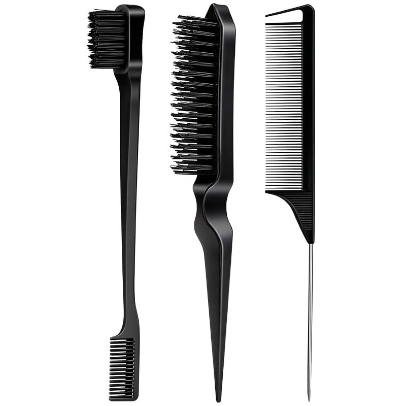 Goiple 3 Pieces Hair Styling Comb Set Teasing Brush Rat Tail Comb Edge Brush for Edge&Back Brushing, Combing, Slicking Hair for Women (Black) - Image 1
