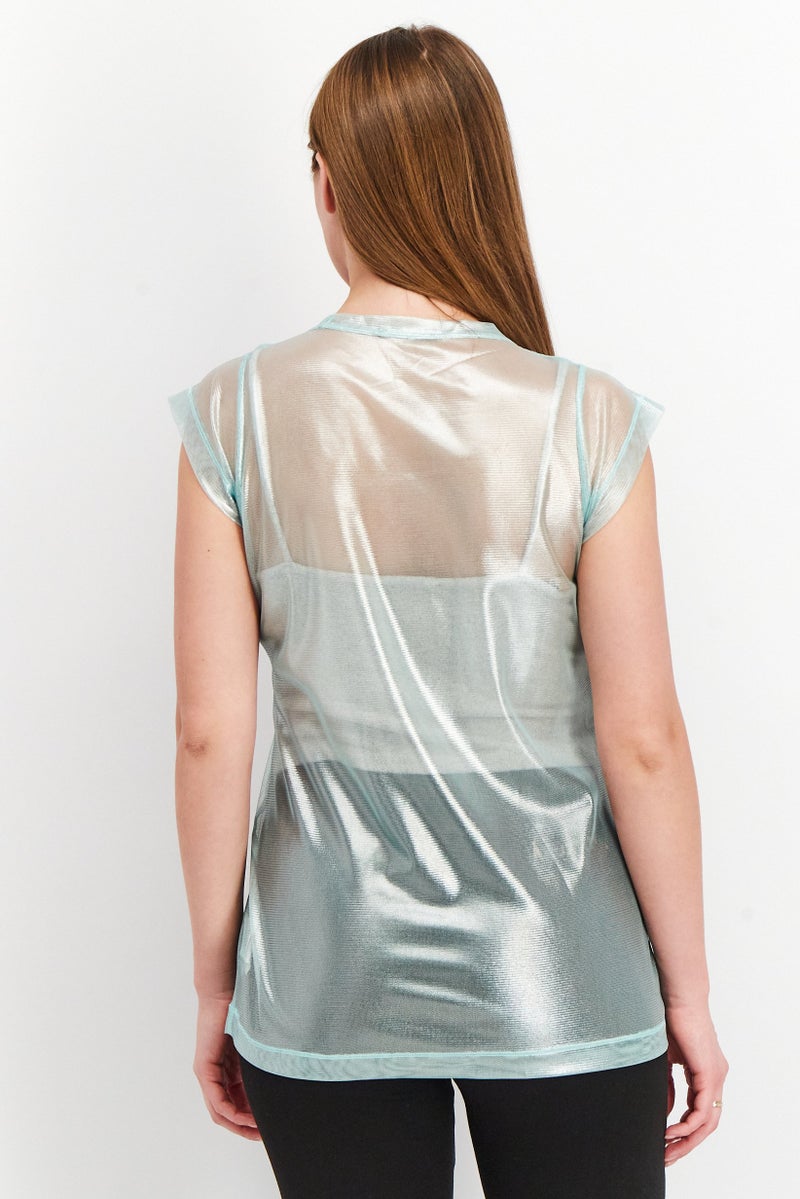 SISLEY Women V Neck Cap Sleeve Textured Tops, Light Blue - Image 4