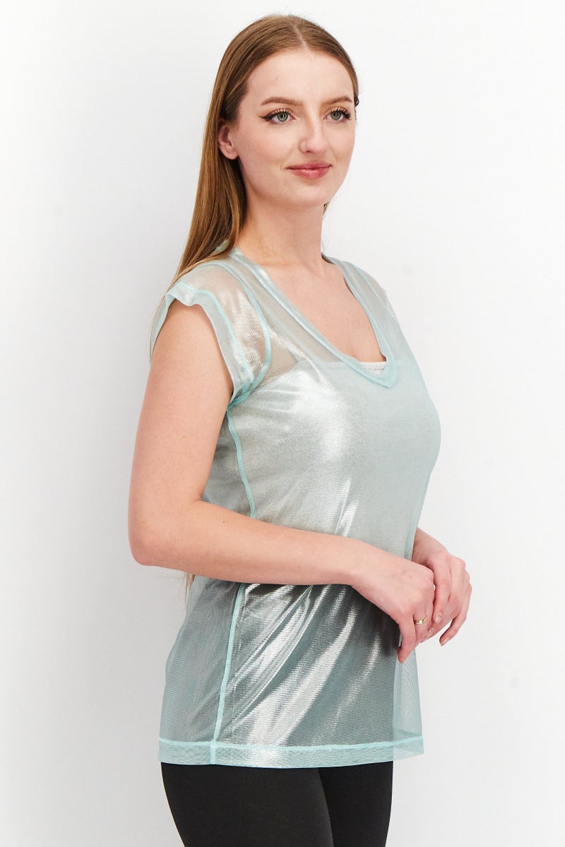 SISLEY بلوزات نسائية بياقة على شكل V بأكمام قصيرة، أزرق فاتح - Image 2