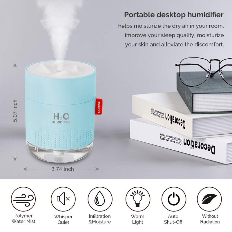 MOVTIP Portable Mini Cool Mist Humidifier, 500ml USB Personal Desktop Humidifier for Baby Bedroom Travel Office Home, Auto Shut-Off, 2 Mist Modes, Super Quiet, Blue - Image 2