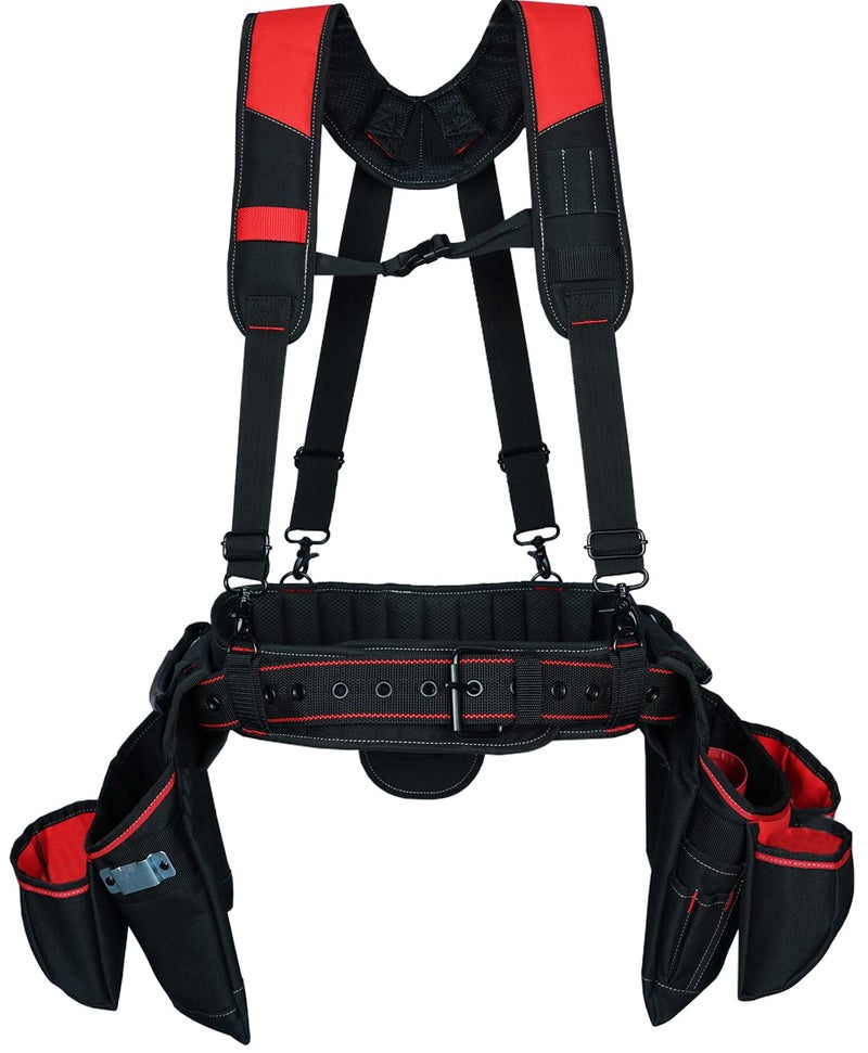 KUNN Tool Belt with Suspenders Pro Framer BeltSuspenders Combo ApronRemovable Pouch and Waist Belt with Multiple Pockets Hammer Holder for CarpenterConstruction and ElectricianRed