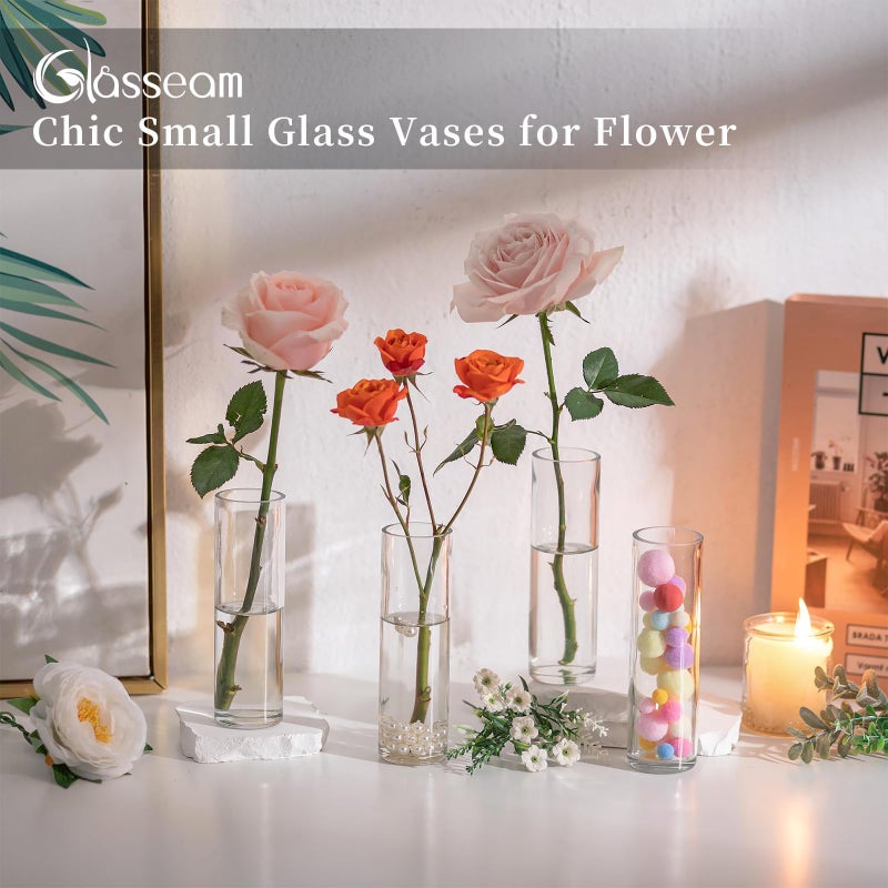 Glasseam Cylinder Glass Bud Vases For Flowers: Glasseam Small Clear Vases For Centerpieces Wedding Home Decor Modern 5.9In Flower Vase Set Of 24 For Single Stem Roses Tulips - Image 3