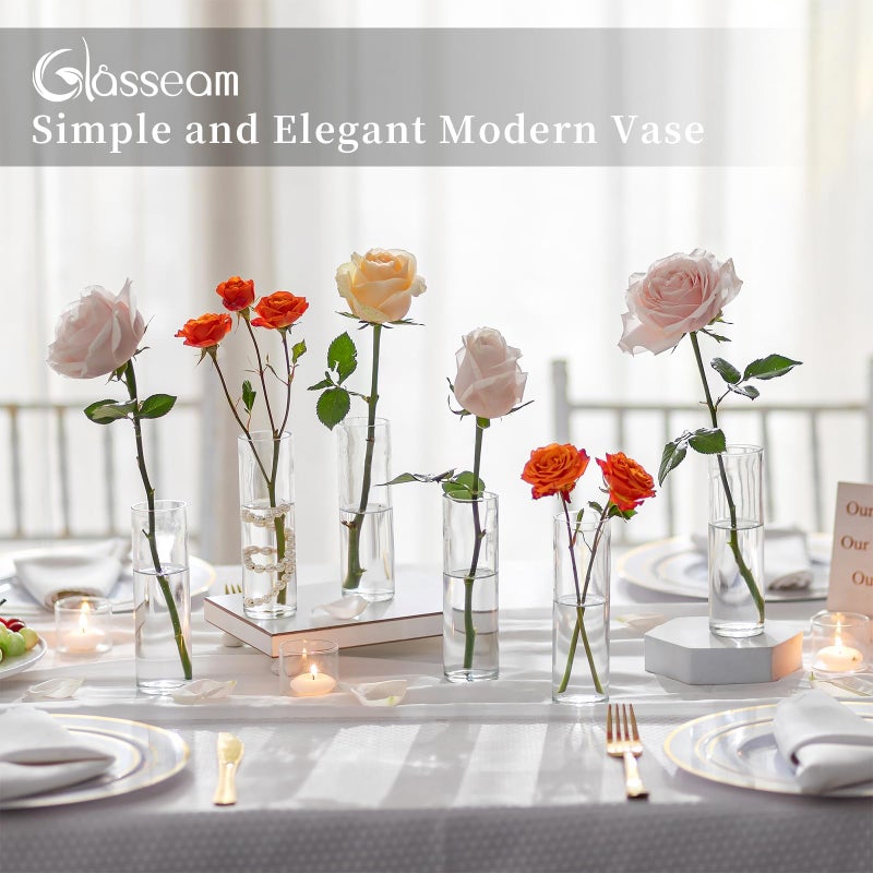 Glasseam Cylinder Glass Bud Vases For Flowers: Glasseam Small Clear Vases For Centerpieces Wedding Home Decor Modern 5.9In Flower Vase Set Of 24 For Single Stem Roses Tulips - Image 5