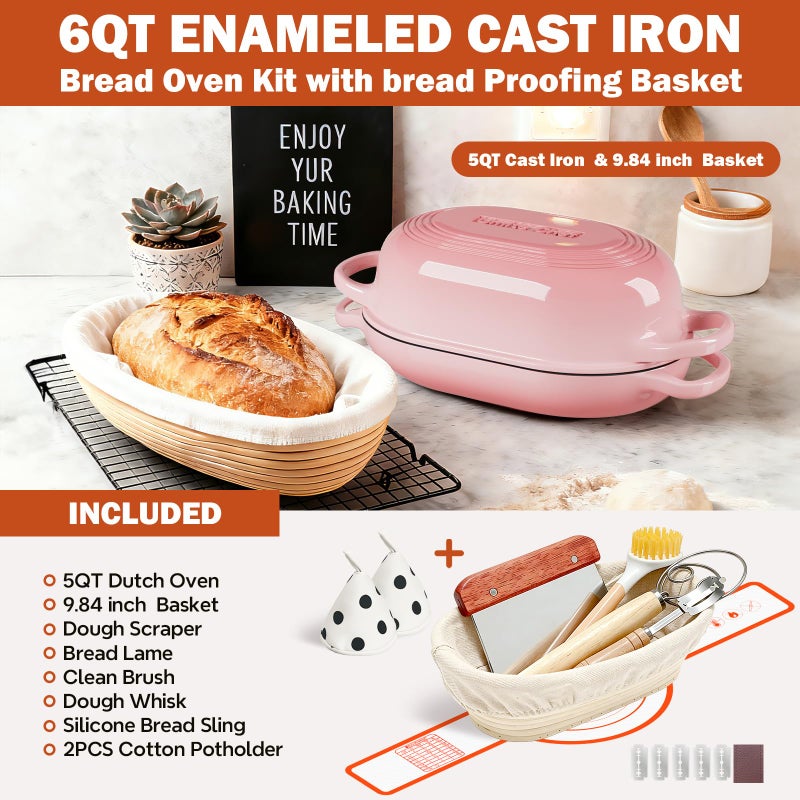 Umite Chef Enameled Cast Iron Sourdough Bread Oven, Dutch Oven for Bread Baking, - incl. Sourdough Bread-Baking Supplies like Banneton Bread-Proofing Basket - 5QT Loaf Cast Iron Bread Pan-Making Kit Pan, Pot, Sour Sough Tools, Lame (Pink) - Image 4