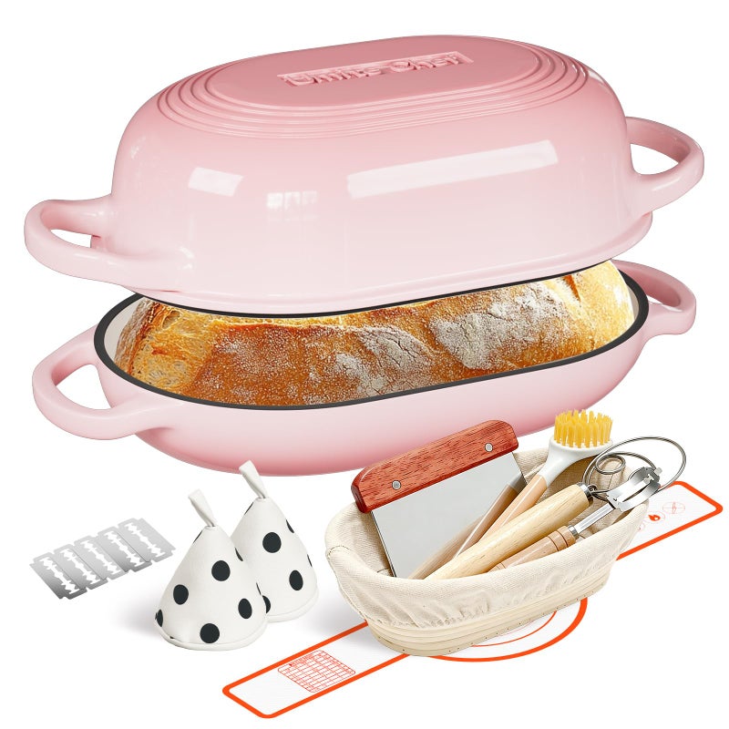 Umite Chef Enameled Cast Iron Sourdough Bread Oven, Dutch Oven for Bread Baking, - incl. Sourdough Bread-Baking Supplies like Banneton Bread-Proofing Basket - 5QT Loaf Cast Iron Bread Pan-Making Kit Pan, Pot, Sour Sough Tools, Lame (Pink) - Image 1