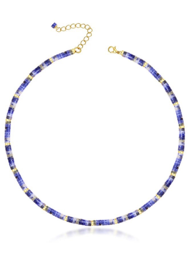 MIDDLUX Choker Necklace for Women, Blue Dumortierite Quartz Beaded Choker, 15" Stainless Steel Chain with Lobster Clasp - Image 1