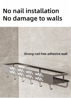 MLADEN Wall Mounted Bathroom Shelves with 5 Hooks and Towel Bar, No Drilling Bathroom Shower Caddy Rack, Stainless Steel Rustproof Bathroom Storage Organizer, Bathroom Shower Baskets for Bathroom and Kitchen,50cm  - Image 4