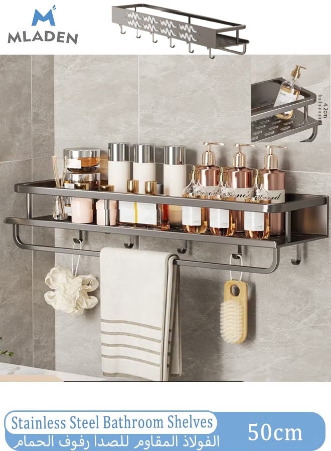 MLADEN Wall Mounted Bathroom Shelves with 5 Hooks and Towel Bar, No Drilling Bathroom Shower Caddy Rack, Stainless Steel Rustproof Bathroom Storage Organizer, Bathroom Shower Baskets for Bathroom and Kitchen,50cm - Image 1