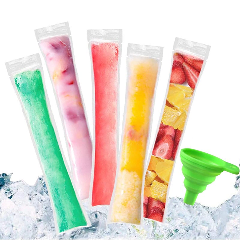 JIELUO 100 PCS Pop Bags Pop Mold Bags Popsicle Pouches Popsicle Molds Bags BPA Free Ice Pop Pouch with A Funnel for Yogurt Ice Candy Ice cream Party Favors 