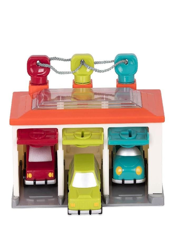 Battat - 3 Car Garage - Shape Sorting Toy Garage with Keys and 3 Toy Cars for Toddlers 2 years + (5-Pcs) - Image 1